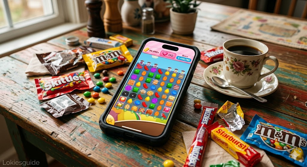 Eine hyperrealistische Nahaufnahme eines Smartphones auf einem bunten hölzernen Küchentisch, umgeben von echten Bonbonpapieren und einer Tasse Kaffee. Der Telefonbildschirm zeigt ein lebendiges Candy Crush Saga-Spielfeld mit einem Goldbarrenzähler, der '99.999+' anzeigt, und einem Unendlich-Symbol auf dem Herz-Lebenszähler. Ein semi-transparentes 'Lokiesguide'-Wasserzeichen befindet sich in der linken unteren Ecke